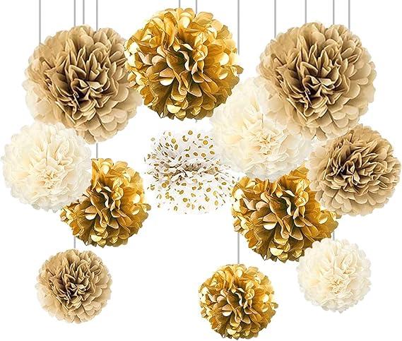 CC wonderland zone 12pcs Gold Gradient Tissue Paper Pompoms,Gold Dot White Hanging Paper Pom Poms for Wedding Birthday Party Deco