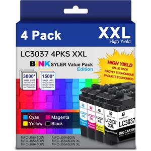 LC3037 Ink Cartridges 4-Pack BK/C/M/Y, Super High Yield Compatible for Brother LC3037 LC3037XXL LC3039 MFC-J6545DW Printer Ink