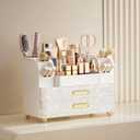 HBlife Makeup Organizer for Vanity with Brush Holder, Large Bathroom Countertop Cosmetic Organizer Skin Care Storage, Easy to Store Nail Polishes, Perfumes, Eyeshadow Palettes, Pearl All White