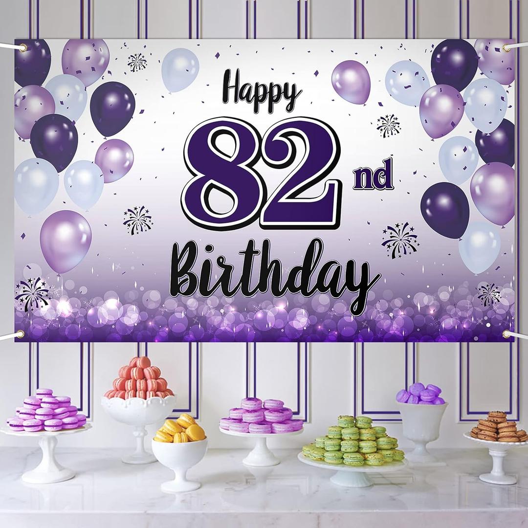 Happy 82nd Birthday Decorations,82nd Purple Balloon Large Birthday Banner Backdrop Sign - Cheers to 82 Years Old Bday Party Supplies