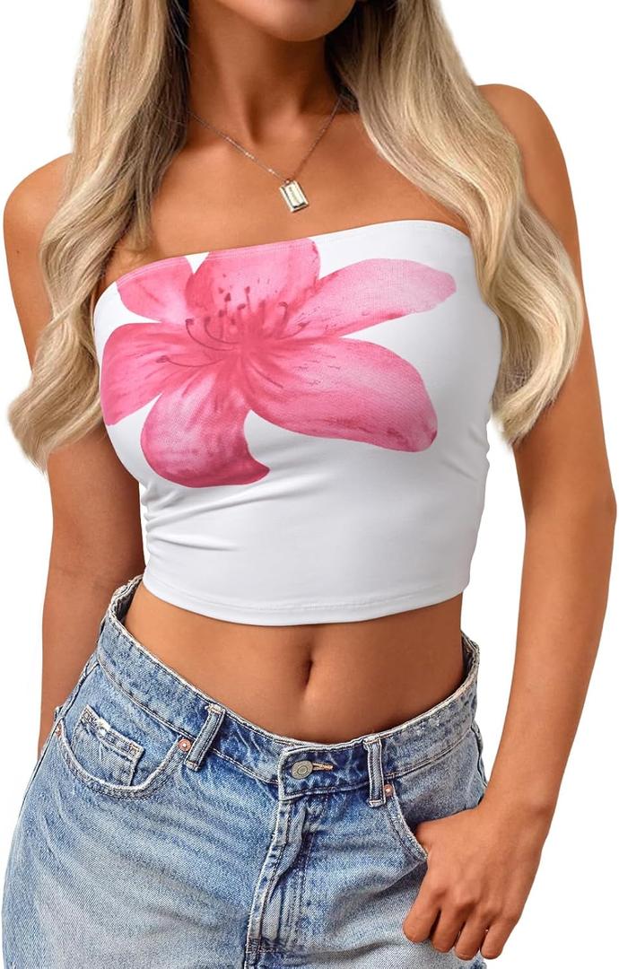 Trendy Queen Womens Tube Tops Going Out Summer Y2k Bandeau Trendy Crop Sleeveless Strapless Cute Teens 2025 Corset Floral (Large, Flower)