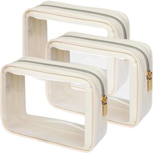 PACKISM Clear Makeup Bag - TSA Approved Toiletry Bag for Carry-on & Checked Luggage, Water Resistant Car Storage Organizer with Reinforced Seams (TSA Specialist (3-Pack Medium - Soft), 3 Pack Beige)