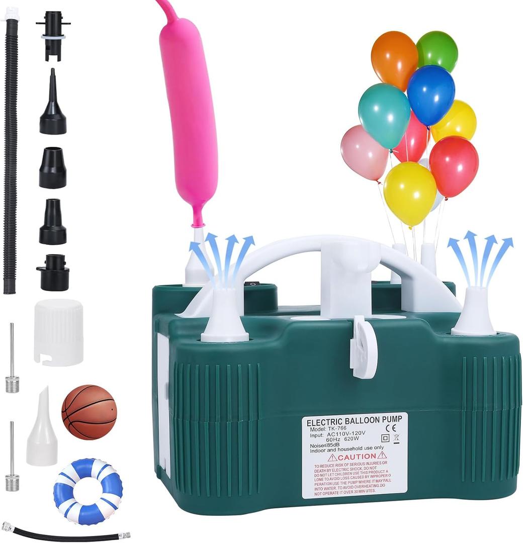 Electric Balloon Pump, 4-in-1 Portable Electric Air Pump for Inflatables, Balloons and Sports Ball, Balloon Inflator for 260q,Foil, Latex Balloons and Pool Floats, Faster and Save Time (green)