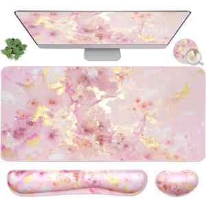 4-in-1 Large Gaming Mouse Pad, Keyboard Wrist Rest Pad & Wrist Support Mousepad Set, Extended Desk Pad Waterproof Desk Mat for Home Office Study Game-Pink Gold Marble