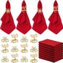 Sliner 24 Pcs Christmas Napkins and Ring Set 12 Pcs Red Washable Christmas Napkins Cloth and 12 Pcs Xmas Napkin Rings Holder for Holiday Dinner Party(Metal, Elk, Snowflakes)