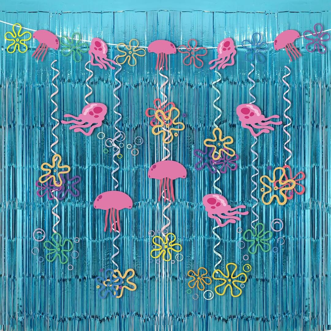 Yellow Cartoon Party Decorations with Fringe Curtains Jellyfish Flowers Party Banner Backdrop Supplies Under the Sea Hanging Swirls Party Decor for Kids Baby Shower Ocean Theme Photo Props Background
