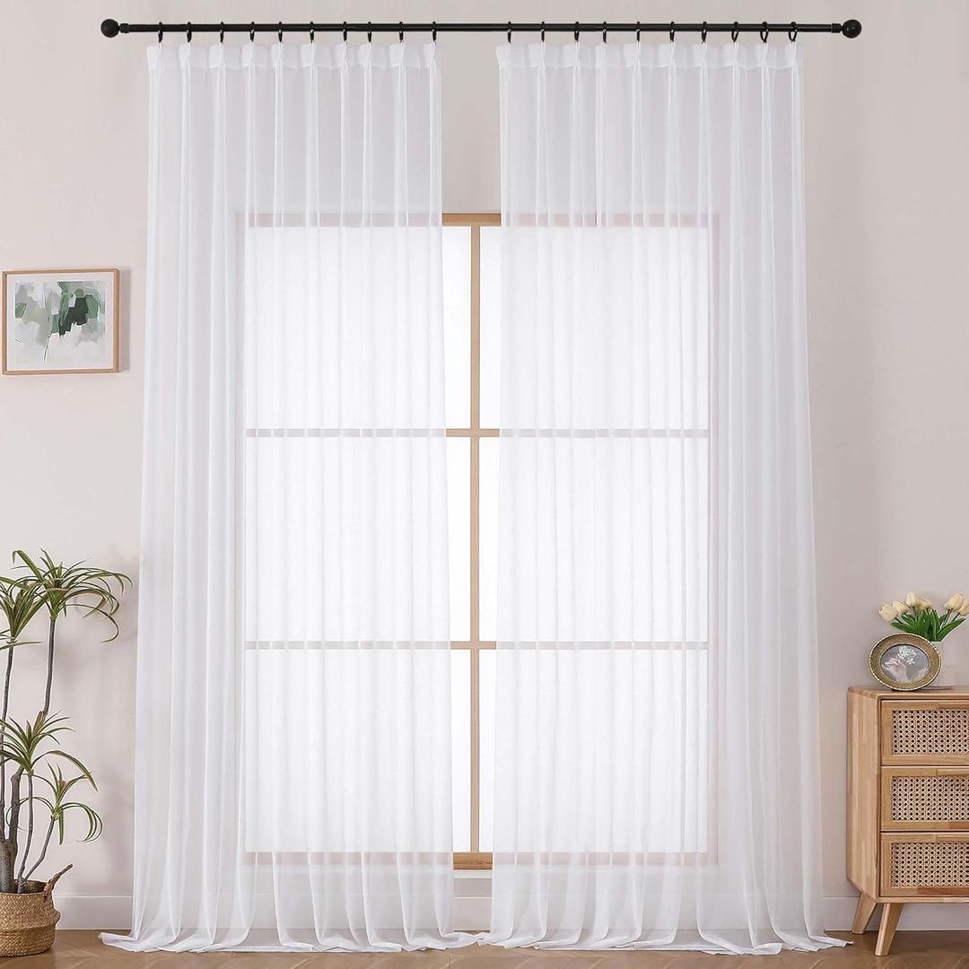 OWENIE Pinch Pleated Curtains, White Sheer Curtains for Living Room Bedroom 108 Inches Extra Long, Airy Soft Solid Light Filtering Sheer Curtain Drapes, 2 Pcs, Each 60x108 Inch