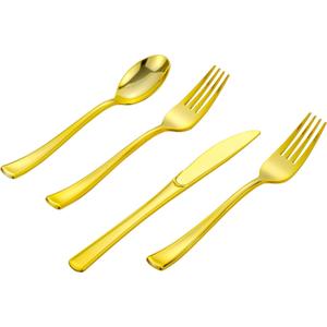 400PCS Gold Plastic Silverware, Gold Disposable Utensils, Heavy Duty Cutlery Set Includes 200 Forks,100 Knives,100 Spoons, Flatware for Party Wedding
