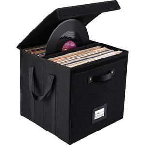 Vinyl Record Storage Box - 13 Inch Linen Fabric Case for LP Album Storage, Stackable & Collapsible Organizer Crate Cube Bins with Lid for 120+ Singles