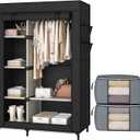 Calmootey Portable Closet, Wardrobe with 6 Shelves and Hanging Rod, Storage Organizer for Bedroom, Non-Woven Fabric Cover with 4 Side Pockets, Includes 2 Storage Bags for Clothes, Black