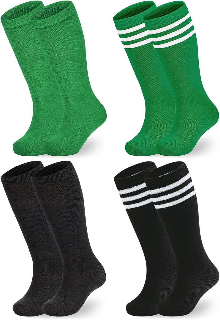 Century Star 4 Pairs Kids Child Soccer Socks Toddler Cotton Soccer Socks Stripes Knee High Soft Tube Socks Boys Girls (L)
