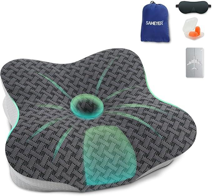 SAHEYER Memory Foam Travel Cervical Pillow, Small Camping Pillows for Sleeping with Strap, Neck Support Camping Gear Accessories - Travel Essentials for Sleeping, Backpacking, Hammock, Gray