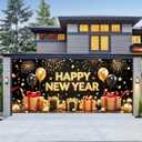 13x6ft Happy New Year Garage Door Banner Luxury Golden Black Balloons Backdrop New Year's Eve Garage Door Cover Decoration for Celebration Party Indoor Outdoor House Wall