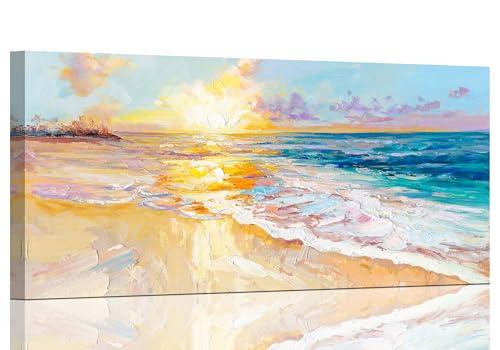 AmoyArt Beach Wall Art for Living Room, Ocean Canvas Wall-Decor for Bedroom, Sunset Picture Print for Home, Size 40x20 Inches
