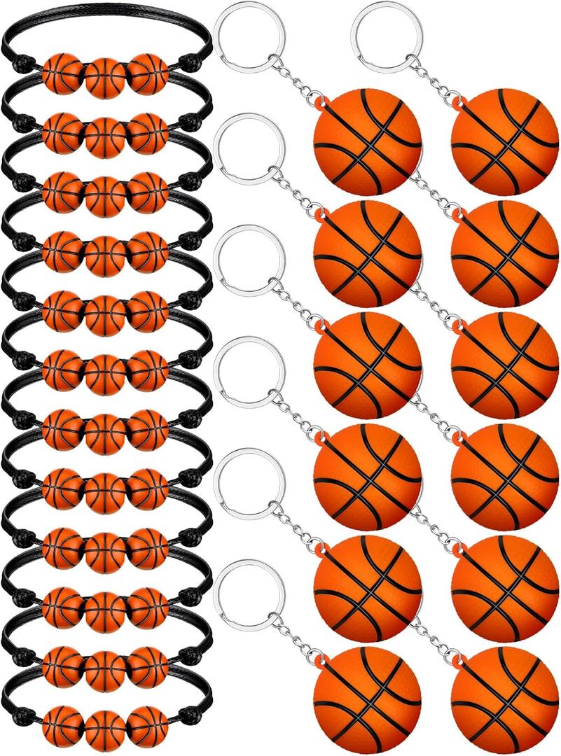 Funtery 24 Pcs Sports Ball Charm Bracelets and Keychains Set Team Gifts Player Party Accessories(Basketball Style)