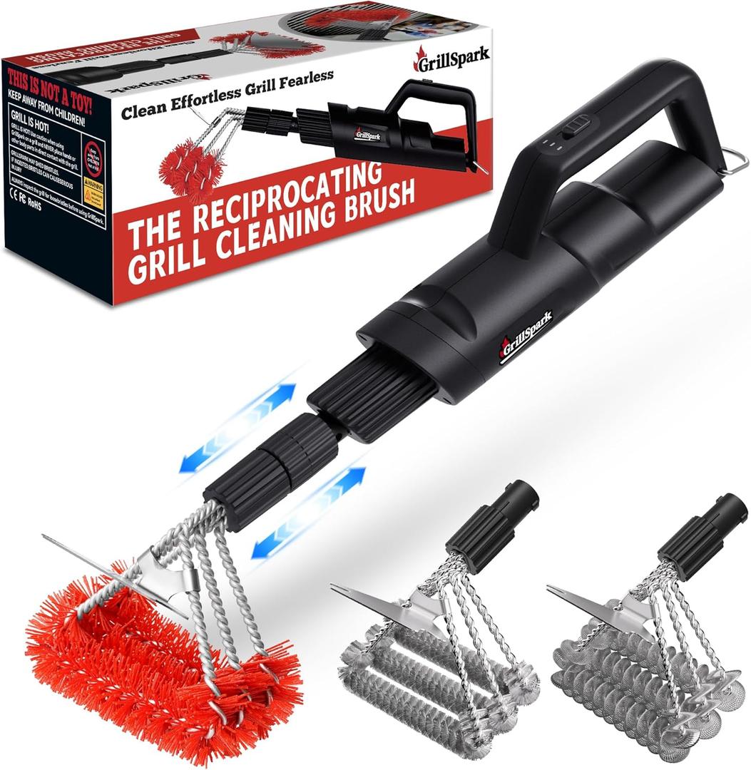 Electric Grill Brush Long Handle, Innovative Reciprocating Motor Grill Cleaner (600/720 Strokes/min), Powerful Cleaning, 3 Interchangeable Brush Heads, Ideal BBQ Gift for Dads & Grill Lovers