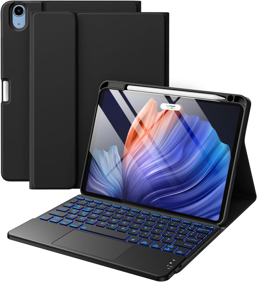 Harvopu Compatible with iPad Air 11 Inch & Air 5th/ Air 4th Generation Case with Keyboard - Multi-Touch Trackpad, 7-Color Backlit, Detachable Folio Keyboard Cover for Air 11-inch M4/M3/M2 (Black)