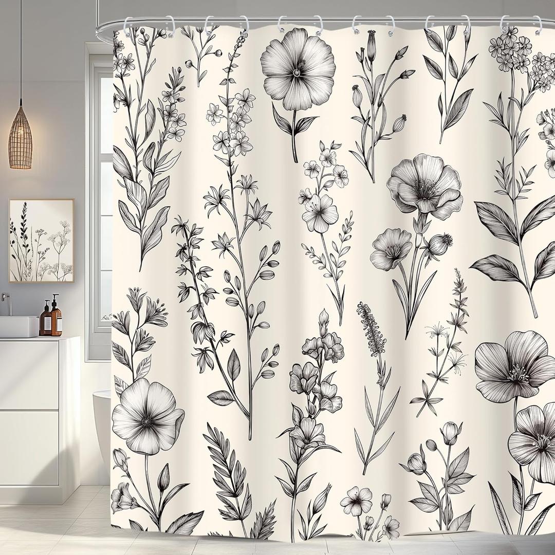 Omifly Vintage Farmhouse Floral Shower Curtain 72Wx72H Inch Beige Black Flower Shower Curtains for Bathroom Boho Botanical Plant Wildflower with 12 Plastic Hooks Fabric Waterproof Accessories Decor