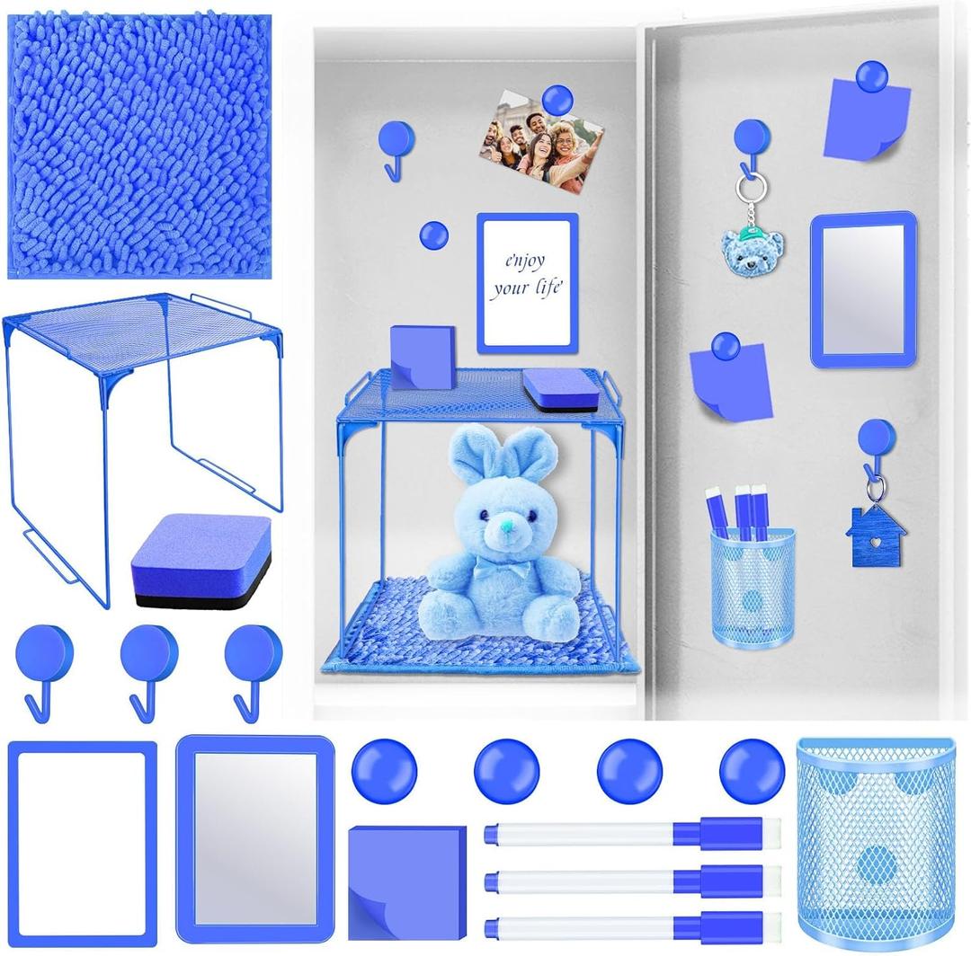 Locker Accessories with Locker Shelf Locker Mirror Magnetic Pen Holder Sticky Note Whiteboard Mat Blue Locker Organizer for Work Mesh Metal Shelf Accessories Kit for School Office Supplies