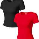 OQQ Women Short Sleeve 2 Piece T-Shirts Crew Neck Fitted Basic Tee 2025 Summer Crop Top Black Red, Large