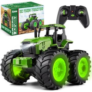 IJIGU Remote Control Tractor Toys, Light Up Farm Monster Trucks Toy for Boys 3, 4, 5, 6, 7 Year Old, 2.4 Ghz RC Tractor Toys, Ideal Christmas, Birthday Gifts for Kids (Green)