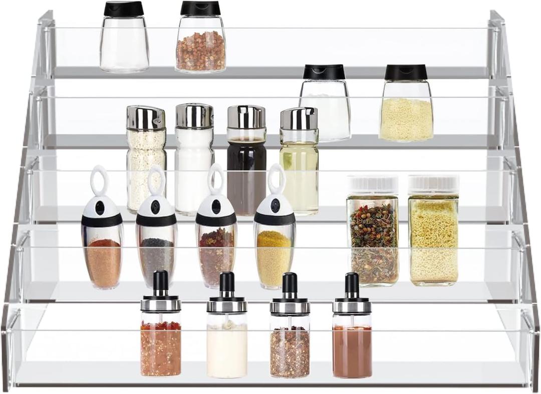 WUIVIUT Spice Rack Organizer For Cabinet, 1 4/5 in/Tier Acrylic Tiered Spice Shelf Can Storage Organizer for Kitchen Pantry Countertop (5 Tier - inner width 2'')