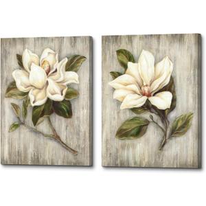 ArtSquare Magnolia Floral Canvas Wall Art: White Flower Artwork on Wood Texture Rustic Nature Blossom Painting Elegant Nature Picture Ready to Hang Prints for Bedroom Kitchen Dining Room