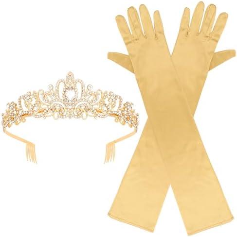 Brimekichio Long Satin Gloves and Crystal Tiara Crown for Bride,1920s Opera Gloves Wedding Accessories Party Decorations