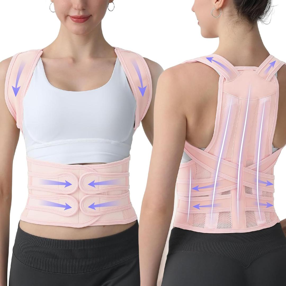 LuxuMach Posture Corrector for Women and Men, Back Brace with Full Back Support, Adjustable Shoulder Straightener for Upper & Lower Back Pain Relief, Scoliosis, Hunchback (Small, Pink)