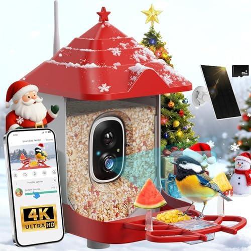 Smart Bird Feeder with Camera, Solar Panel & 5200mAh Battery, 4K HD Video, AI Identification, Instant Arrival Alerts & Alarm, IP65 Weatherproof, 32GB Card, 2L Capacity, for Bird Lover