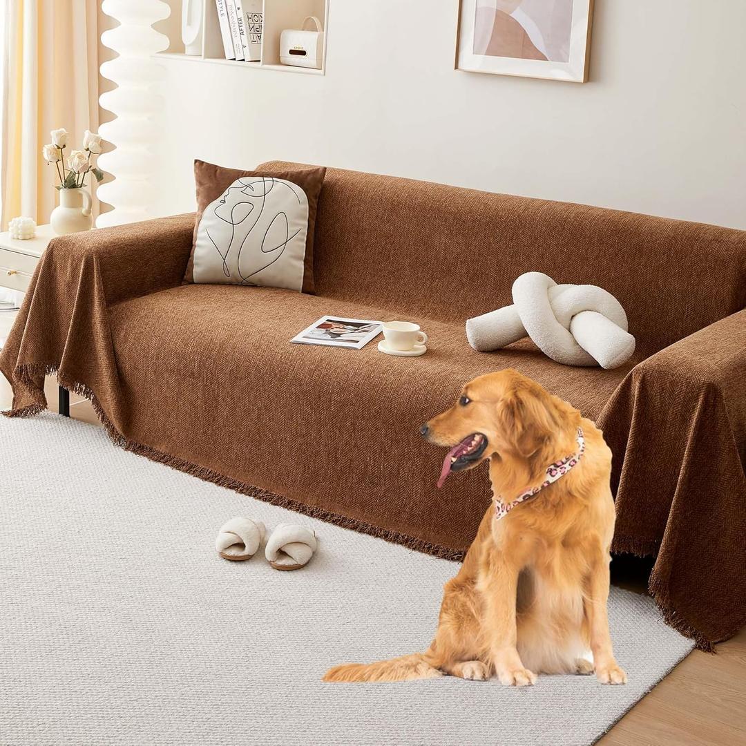 Chenille Couch Cover for 3 Cushion Sofa Pet Friendly Furniture Covers, Boho Sofa Covers Washable L Shape 3 Seater Couch Cover, 71"x 134", Brown