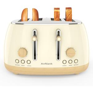 Toaster 4 Slice,Retro Stainless Steel Toaster with Extra Wide Slots Cancel, Bagel, Defrost Function, Dual Independent Control Panel, Removable Crumb Tray and High Lift Lever (Beige)