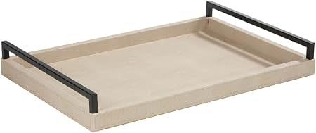 Sagala Ivory Shagreen Leather Serving Tray with Black Handles for Ottoman, Elegant Decorative Tray for Coffee Table Console Table Buffet Living Room (Ivory)