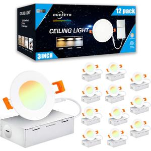 3 Inch Led Recessed Light - 3000K/ 4000K/ 5000K 3 Color Selectable, 6W=45W 450Lm Ultra-Thin Dimmable Downlight Wafer Ceiling Light with Junction Box - ETL and Energy Star Certified(12 Pack)