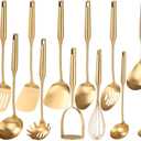 Gold Cooking Utensils Set - 18/10 Stainless Steel Small and Large Spoons Set, 16 PCS All Metal Kitchen Tools, Serving Utensils - Whisk, Masher, Fork, Tongs, Spatula, Turner, Ladle, Skimmer, Pasta