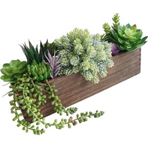 Winlyn 15" Assorted Artificial Succulent Arrangement Assorted Succulents in Rectangular Wooden Planter Faux Potted Plant for Farmhouse Table Centerpiece Windowsill Shelf Desk Mantel Greenery Dcor