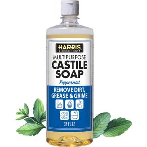 HARRIS Multi-Purpose Pure Castile Soap, Made with Olive, Coconut, and Pine Tree Oil, Uses for Face, Body, Hand, Hair, Home, Dishes, and Laundry, Peppermint, 32 Fl Oz