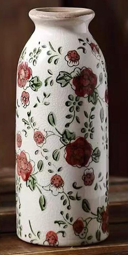 Small Vintage Rustic Flower Vase,Farmhouse Flower Vase for Home Decor,Chinoiserie Ceramic Vases for Table,Bookshelf,Living Room Centerpieces,Boho vases 7.8 Inch (White + Rose Red)