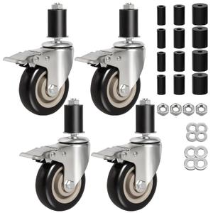 4-Inch Heavy-Duty Expanding Stem Casters with Brake - Prep Table Casters Set of 4, Fit 7/8" to 1-5/8" ID Tube Pipe Legs for Stainless Steel Table, Equipment Stand, Carts, Shelving Racks