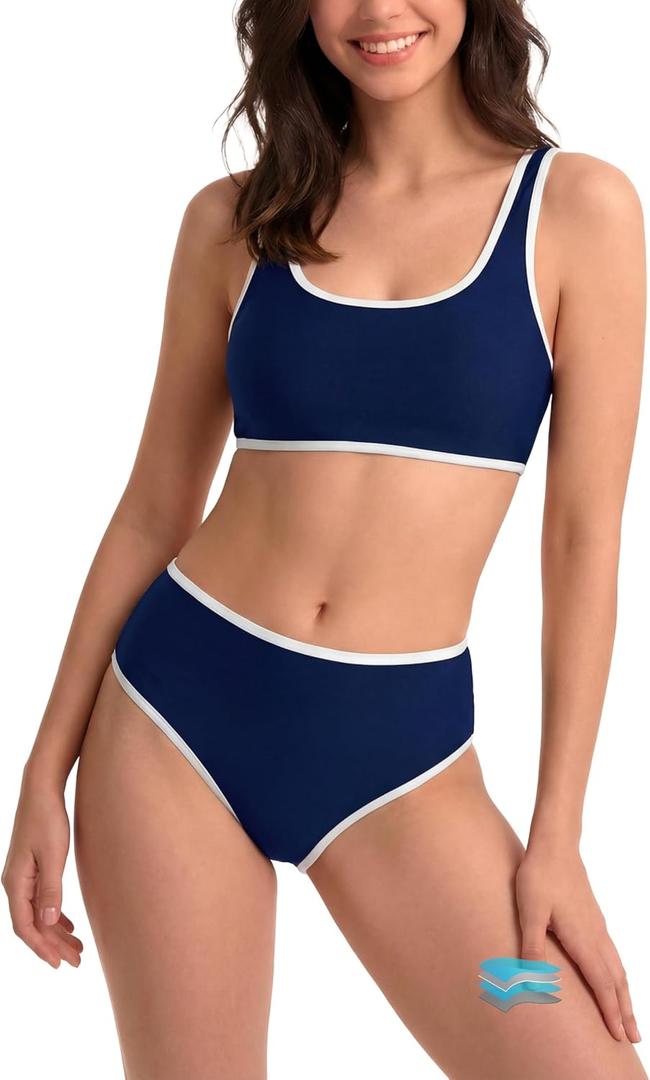 Beautikini Period Swimwear Sporty Two Piece Menstrual Swimsuits Leakproof Bikini Set Bathing Suits for Teen Girls Women (Blue, L)