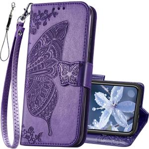 For iPhone 12 Pro/iPhone 12 Wallet Case,Women Flip Folio Cover with Butterfly Embossed PU Leather Kickstand Credit Card Holder Slots Wrist Strap for iPhone 12/12 Pro 6.1 inch (Purple)