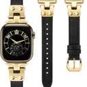 Minyee Slim Leather Band Compatible with Apple Watch Bands 38/ 40/ 41/ 42mm Women, Dressy Thin Soft Leather Strap with Designer Tapered Metal Buckle for iWatch Series 10/ 9/ SE/ 8/ 7/ 6/ 5/ 4/ 3/ 2/ 1, Black/ Gold