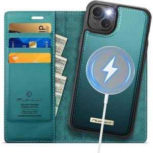 Wallet Case for iPhone 13 Compatible with Magsafe, 2-in-1 PU Leather Flip RFID Blocking Card Holder Stand Shockproof Magnetic Detachable Cover for iPhone 13 Case 6.1", Bluegreen