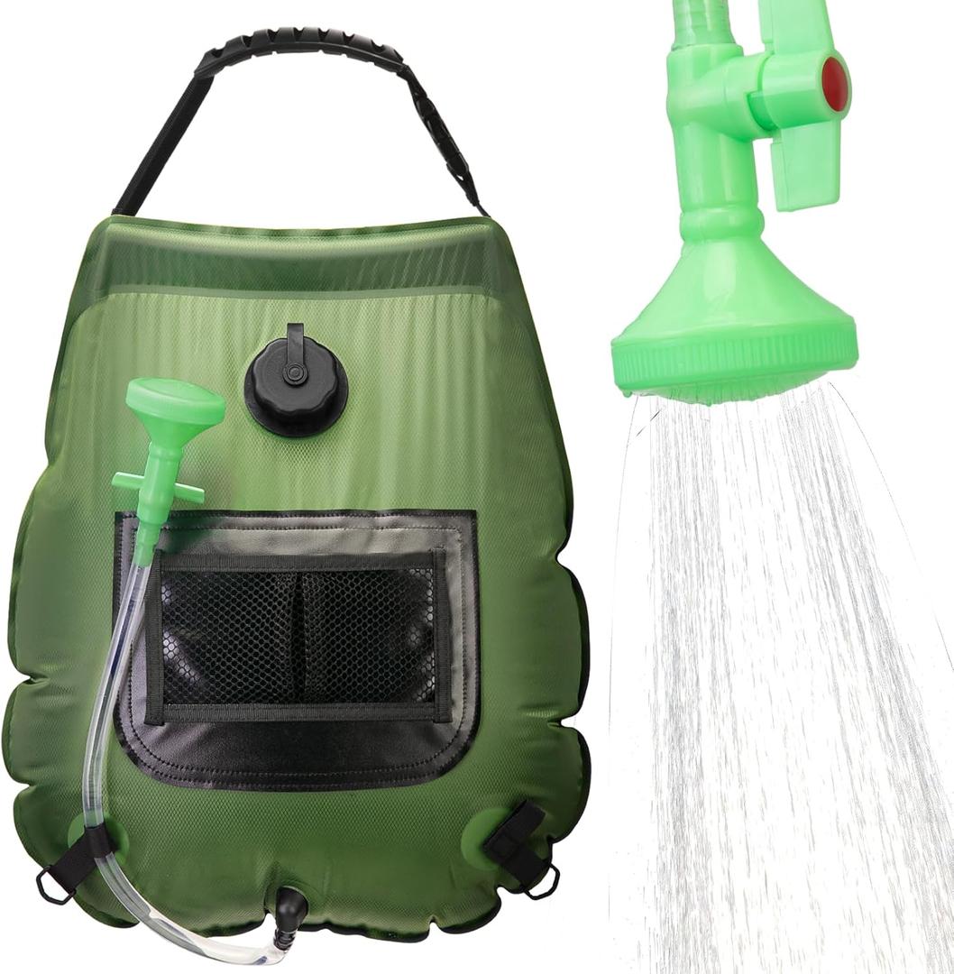 Solar Portable Shower Bag, 5 Gal/20L Solar Heating Outdoor Camping Shower Bag with On-Off Switchable Shower Head & Removable Hose Suitable for Camping, Hiking, Travel, Beach Swimming (green)