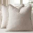 EMEMA Linen Fringe Throw Pillow Covers Set of 2 Boho Farmhouse Accent Decorative Pillowcase with Tassels for Couch Sofa Bed Living Room Home Decor 26x26 Inch,Natural Beige