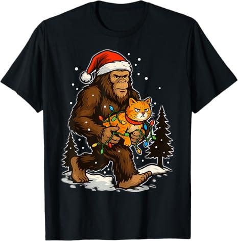 Christmas Bigfoot with Cat and Lights Santa Hat Funny Xmas TShirt XL