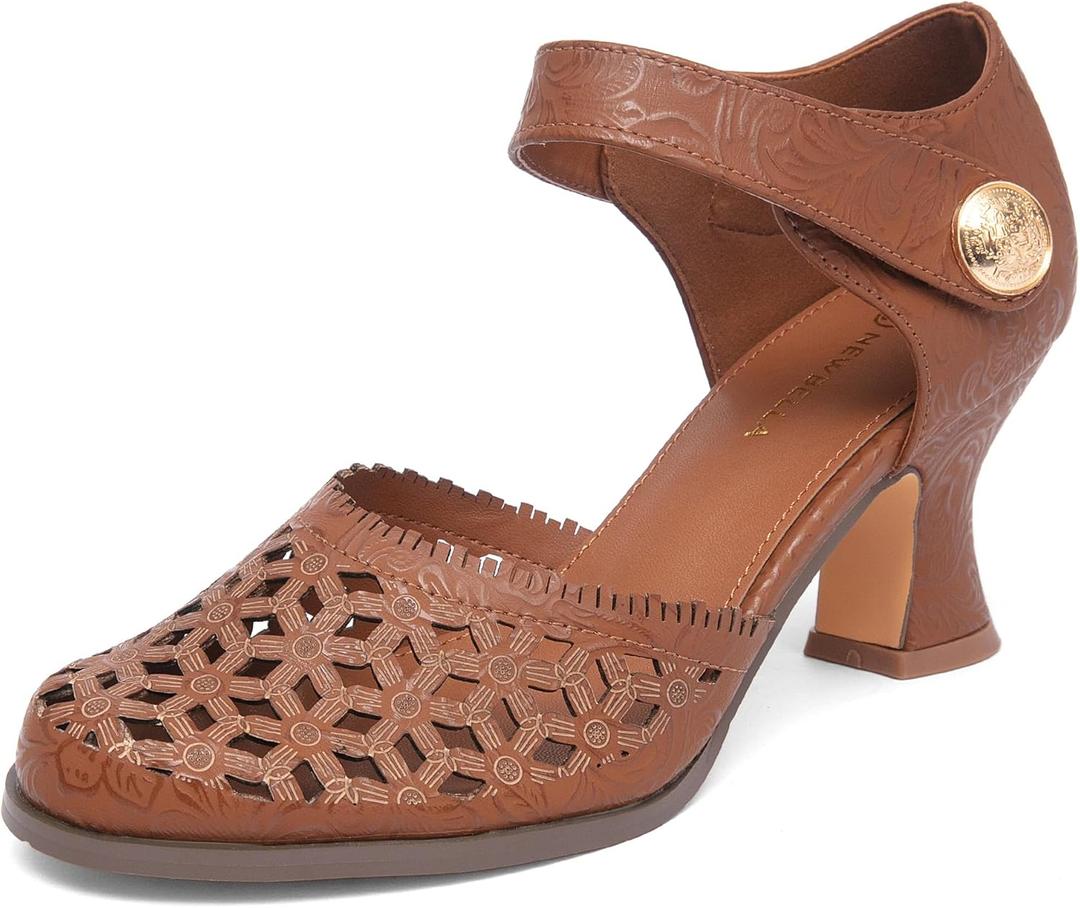 NEWBELLA Womens Mary Janes Vintage Pumps with Adjustable Ankle Strap & Embossed Cutou Design, Comfortable Flared Heels for Casual & Dressy Brown, Size 6.5