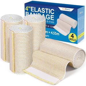 LotFancy Elastic Bandage Wrap, 4 Pack 4 Inch Cotton Compression Bandage, Self Closure on Both Ends, Medical Wrap for Ankle, Knee, Legs, Foot, Wrists, Support & First Aid for Injury Recovery, Sports (4 Inch x 15 Feet (Stretched))