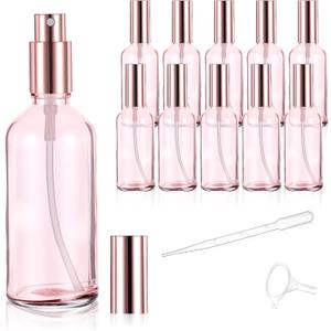 10 Pack 3.4 Oz Pink Glass Spray Bottles, Refillable Fine Mist Atomizers with Rose-Gold Caps, Empty Perfume Bottles for Essential Oils, Body Sprays, Travel
