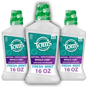 Tom's Of Maine Whole Care Natural Fluoride Mouthwash, Fresh Mint, 16 Oz (Pack of 3) 